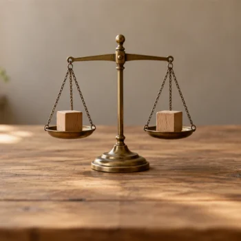 A plain balance scale with two small wooden blocks on a softly lit wooden worktable.