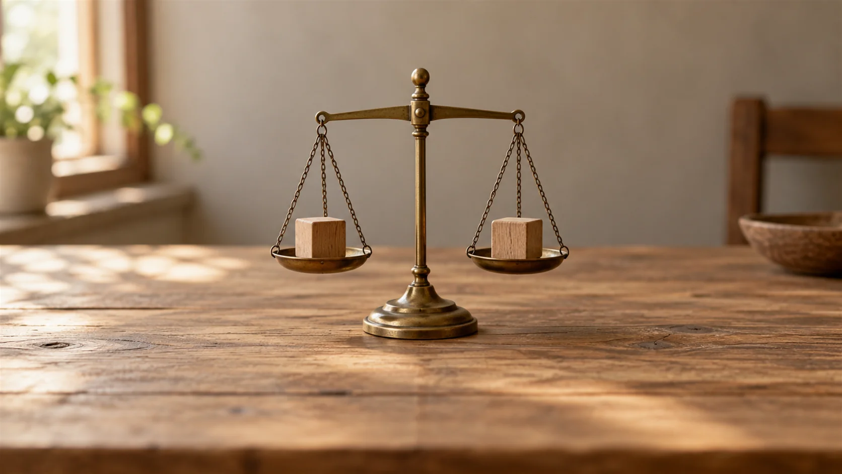 A plain balance scale with two small wooden blocks on a softly lit wooden worktable.