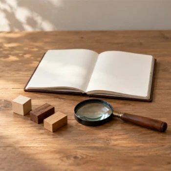 Three small wooden sample pieces beside an open blank notebook and a plain magnifying glass.