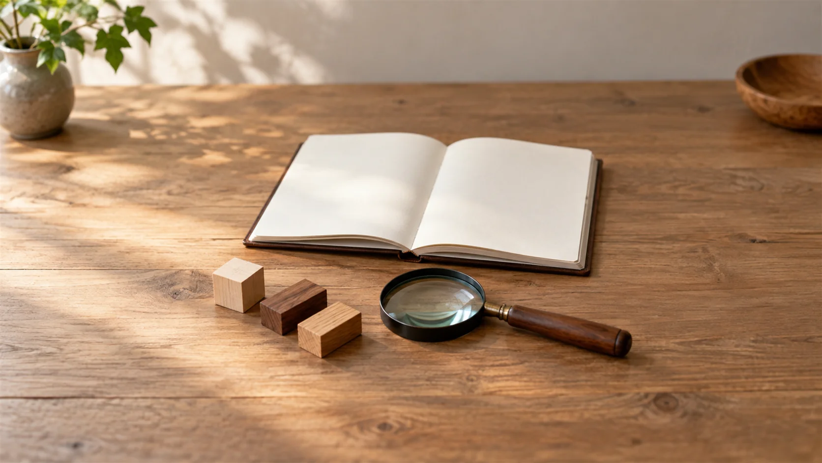 Three small wooden sample pieces beside an open blank notebook and a plain magnifying glass.