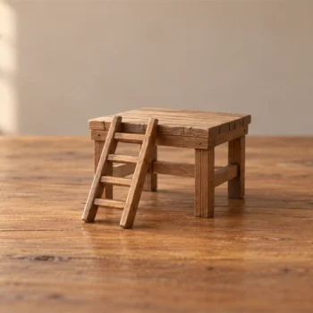 A small ladder stands beside a stable wooden platform in a quiet empty workshop.
