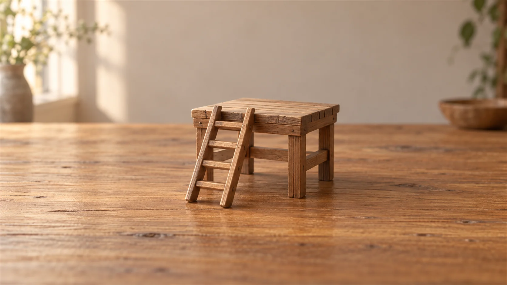 A small ladder stands beside a stable wooden platform in a quiet empty workshop.