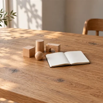 Small wooden practice blocks in varied shapes beside an open blank notebook on an oak table.