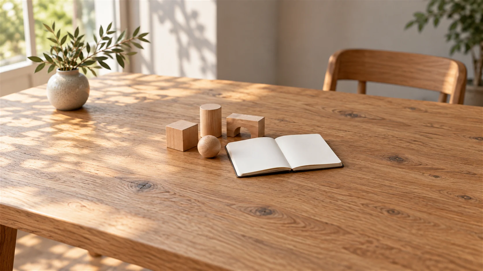 Small wooden practice blocks in varied shapes beside an open blank notebook on an oak table.