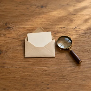 A plain envelope is opened beside a magnifying glass and several blank paper slips.