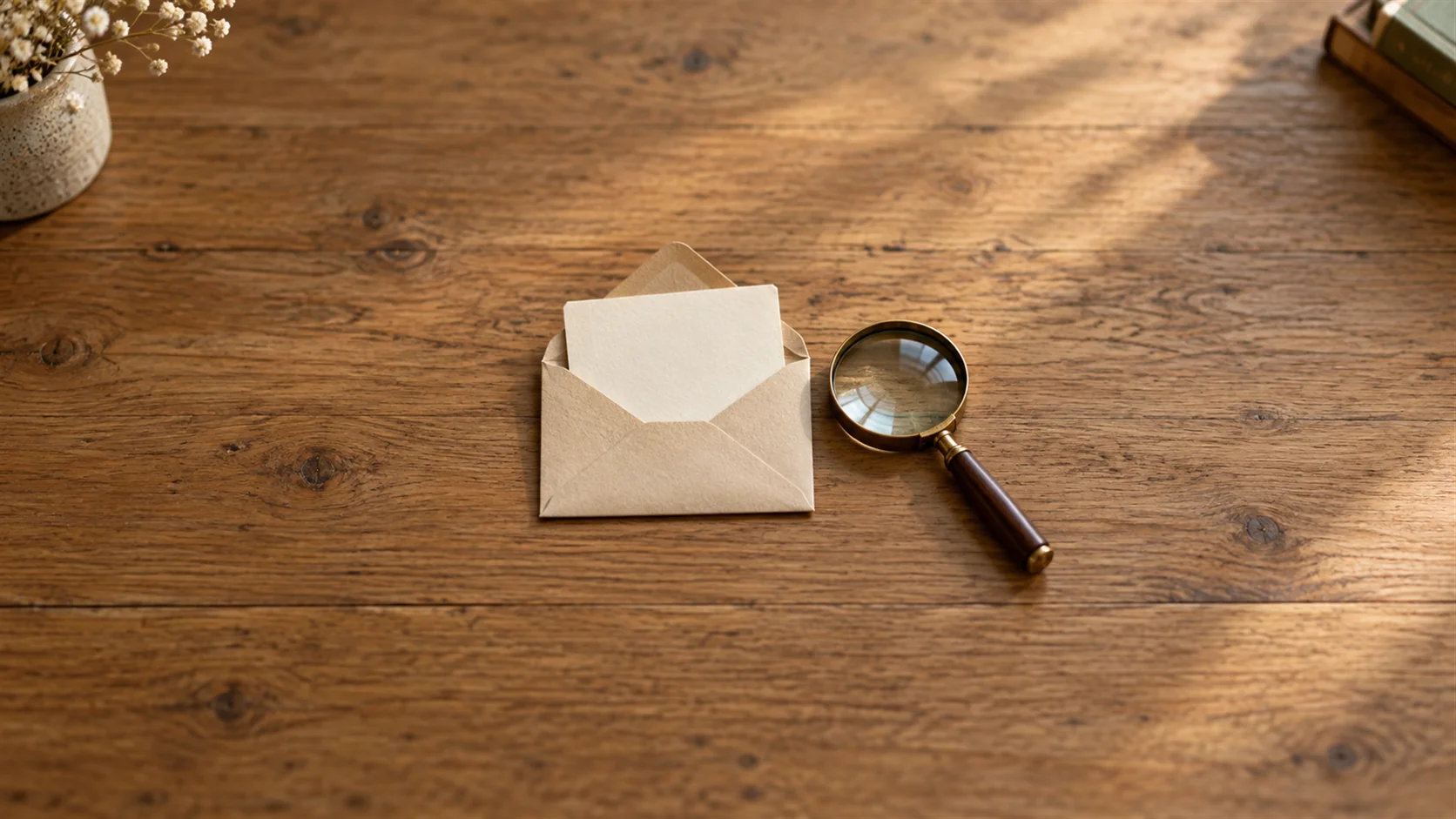 A plain envelope is opened beside a magnifying glass and several blank paper slips.