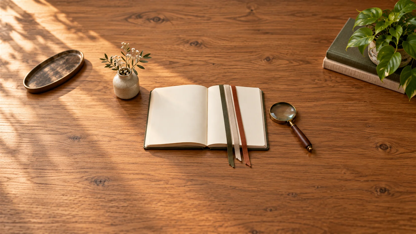 An open blank notebook with several plain bookmarks beside a small magnifying glass on wood.