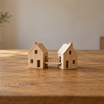 Two plain wooden model houses stand beside each other with a small movable bridge between them.