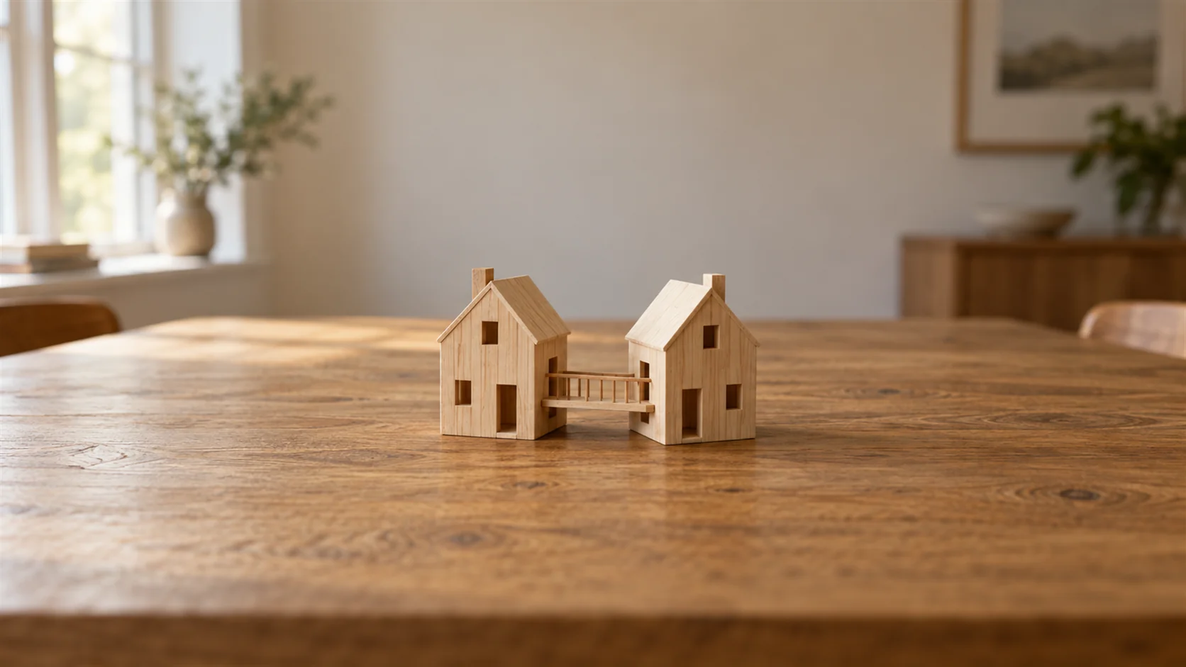 Two plain wooden model houses stand beside each other with a small movable bridge between them.