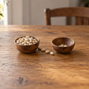 A small stream of beans between two wooden bowls with most beans remaining in the first.