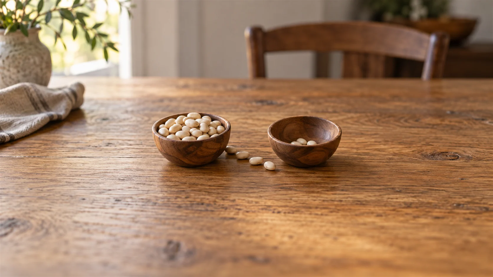 A small stream of beans between two wooden bowls with most beans remaining in the first.