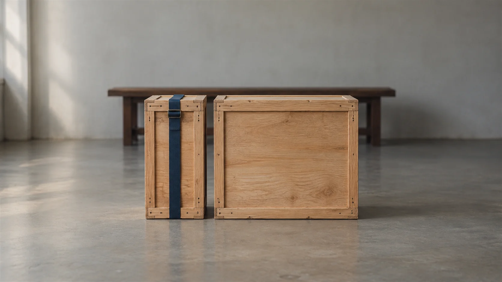 Two wooden shipping crates side by side on a warehouse floor, one exactly twice as wide as the other.