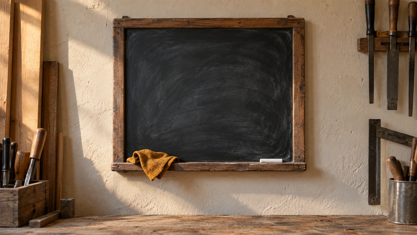 A chalkboard wiped completely clean, with a damp cloth and one stick of chalk on the ledge.