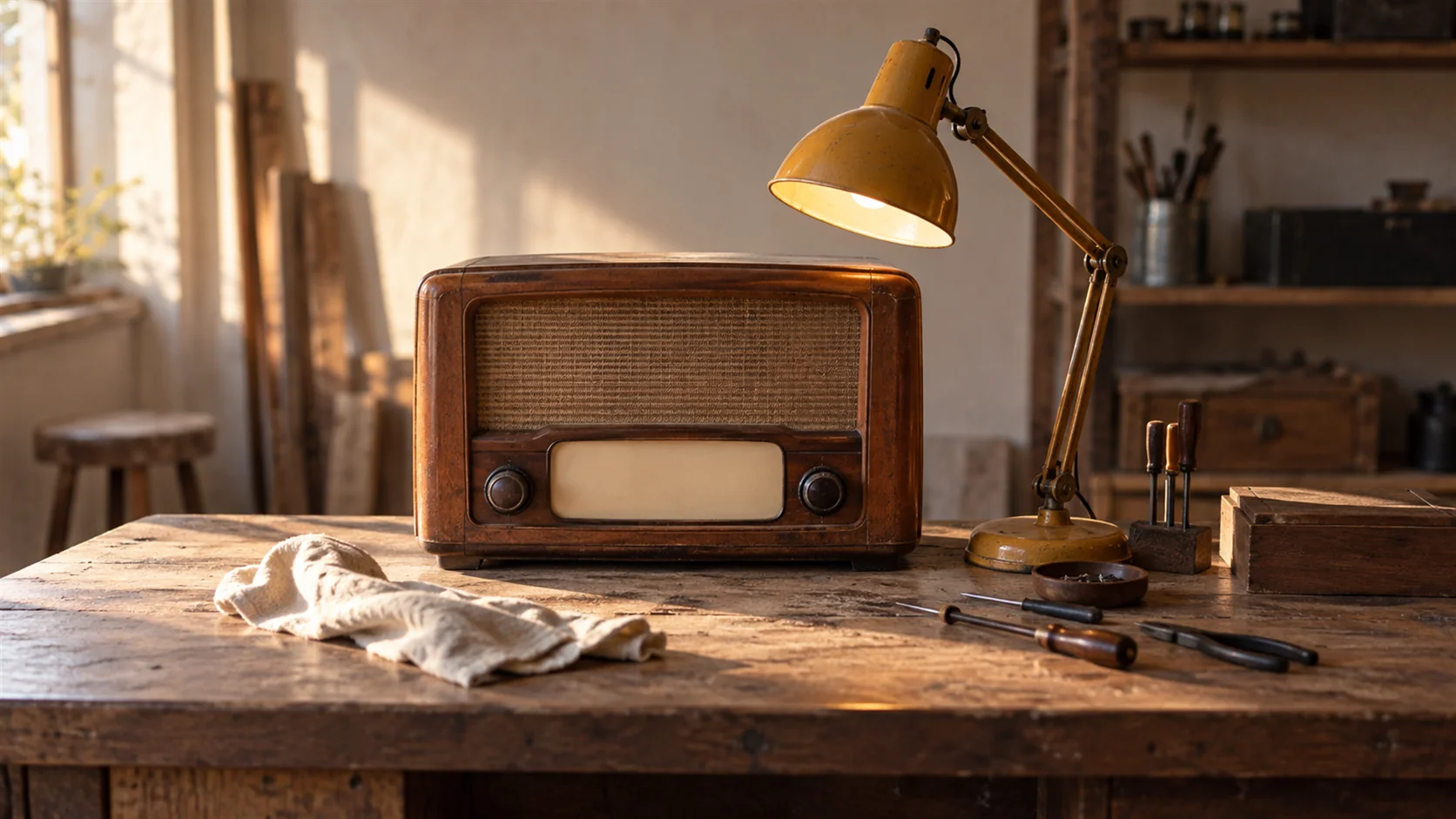 An old valve radio photographed close up, its rows of knobs and dials warm under a desk lamp.
