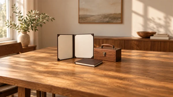 A plain blank certificate folder beside a small toolbox and notebook on a warm wooden desk.