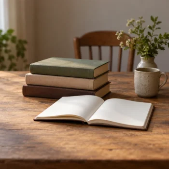 A small stack of plain closed books beside one open blank notebook in soft window light.