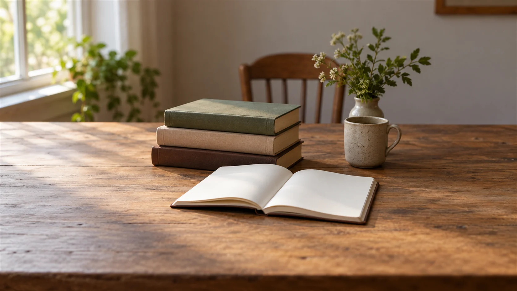A small stack of plain closed books beside one open blank notebook in soft window light.
