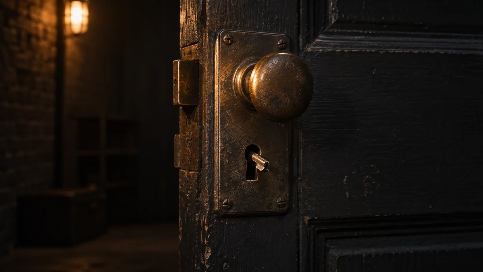 A key broken off in the lock of a dark painted door
