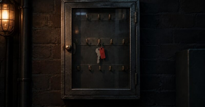 A key cabinet with most hooks empty and one red tagged key remaining