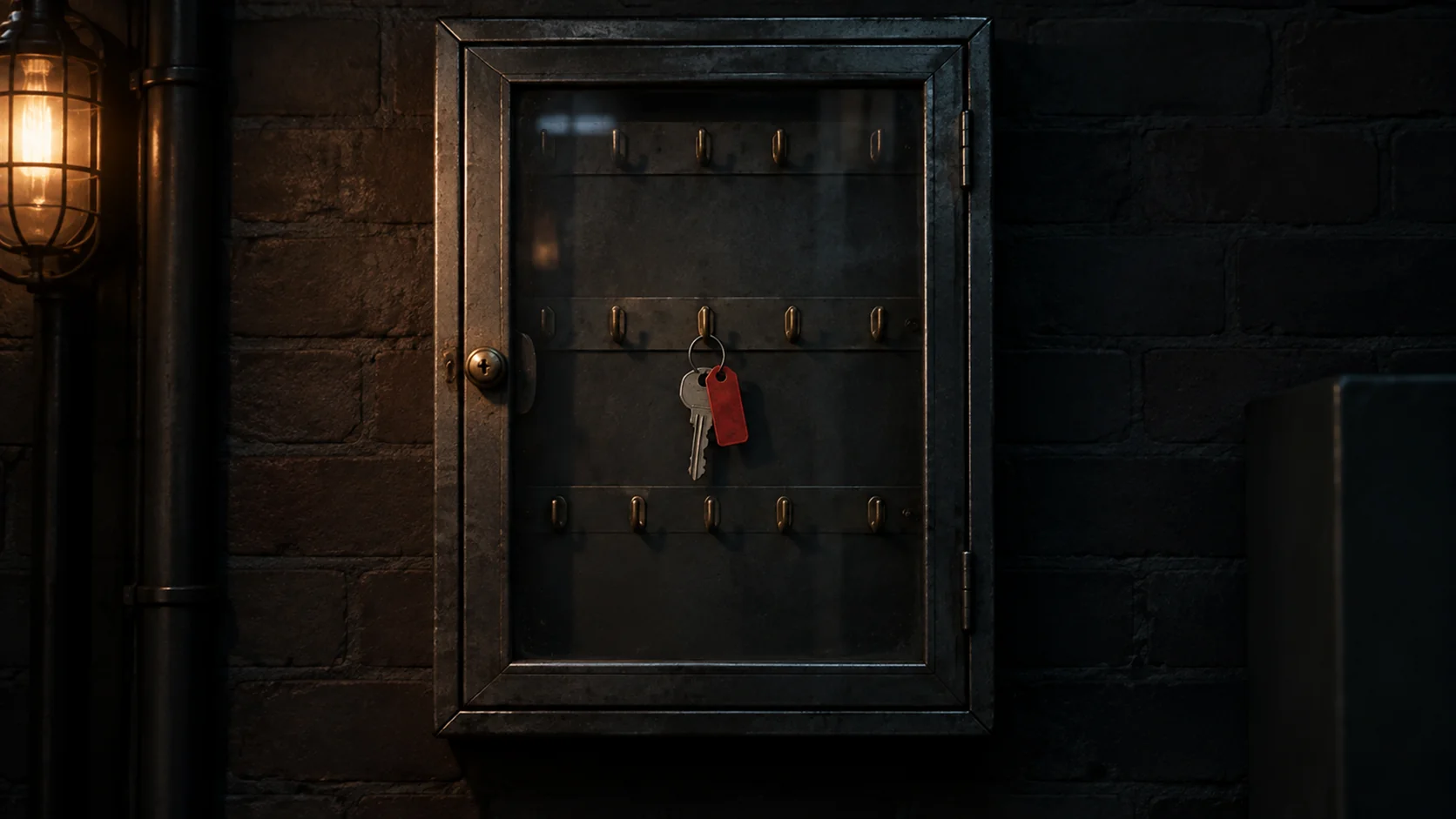A key cabinet with most hooks empty and one red tagged key remaining