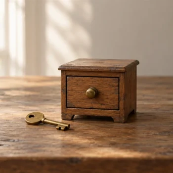A single plain brass key beside one small closed wooden drawer on a softly lit table.
