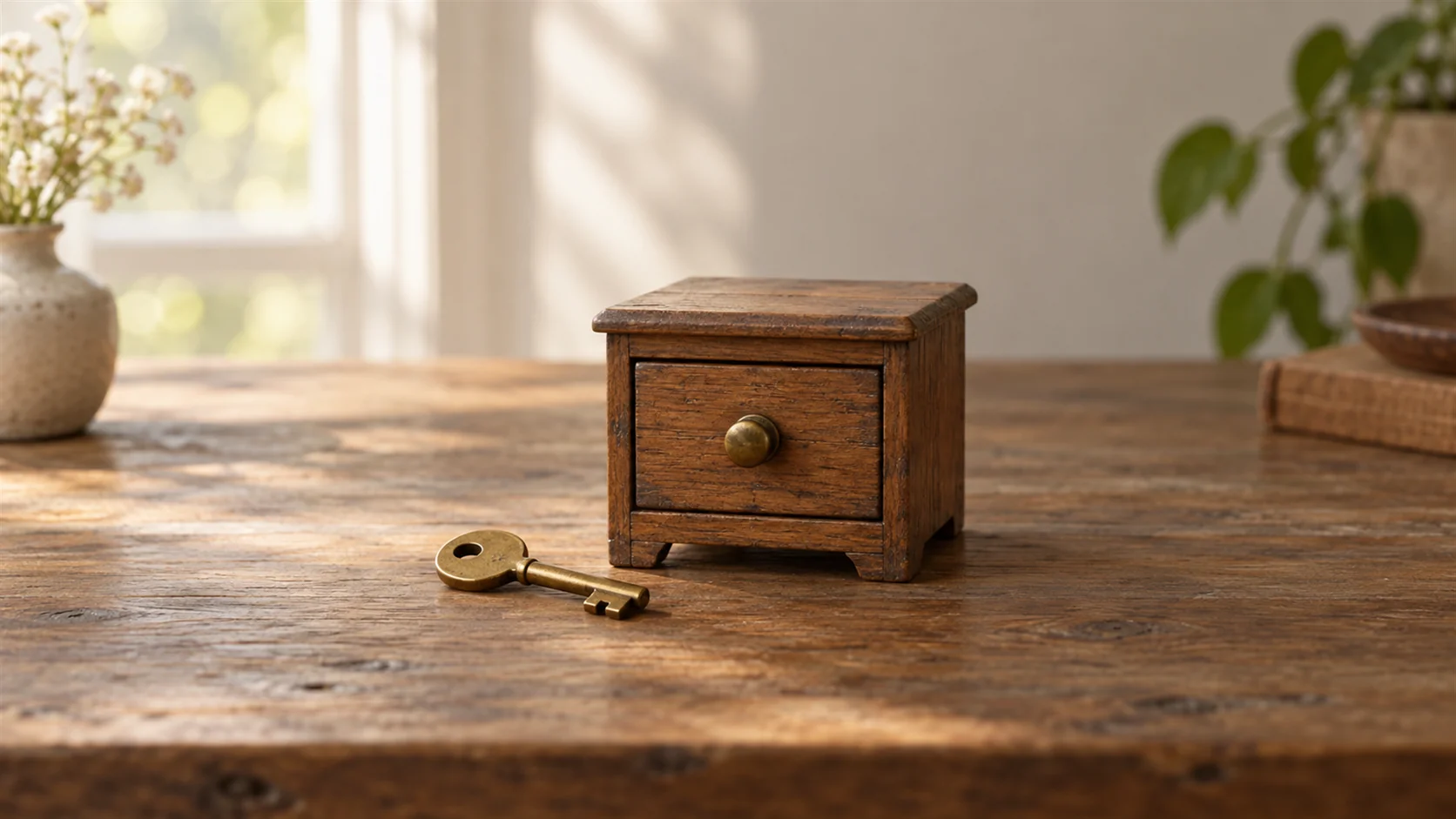 A single plain brass key beside one small closed wooden drawer on a softly lit table.