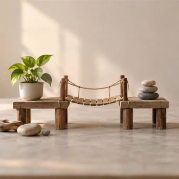 Two small wooden platforms connected by a narrow rope bridge on a neutral tabletop.