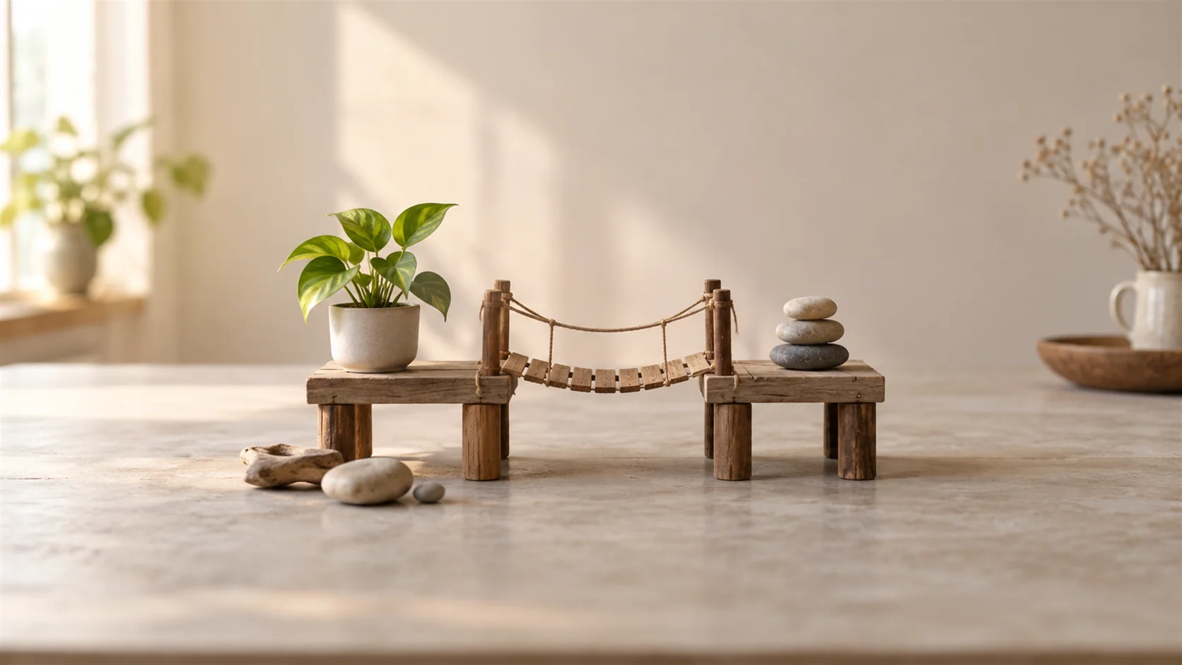 Two small wooden platforms connected by a narrow rope bridge on a neutral tabletop.