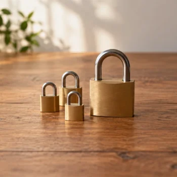 Several small plain brass locks beside one larger plain lock on a warm wooden tabletop.
