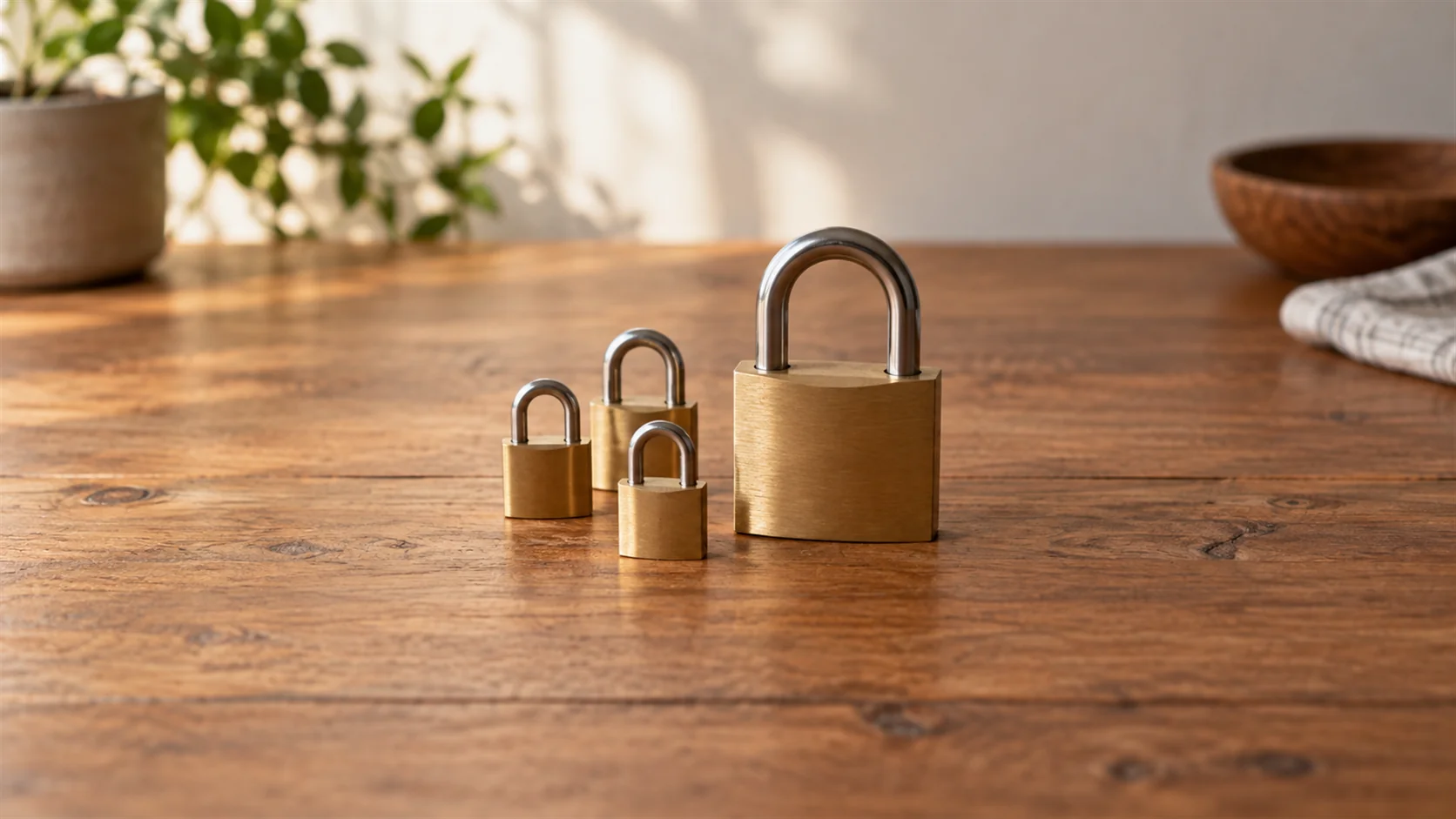 Several small plain brass locks beside one larger plain lock on a warm wooden tabletop.