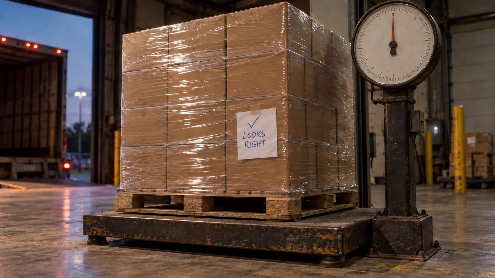 A perfectly shrink-wrapped pallet of boxes on an old floor scale whose needle rests at zero, with a receiving tag reading LOOKS RIGHT