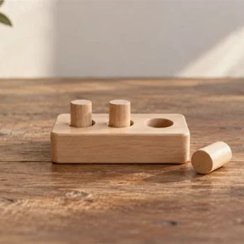 Small wooden pegs beside matching holes in a compact wooden board with one peg set apart.