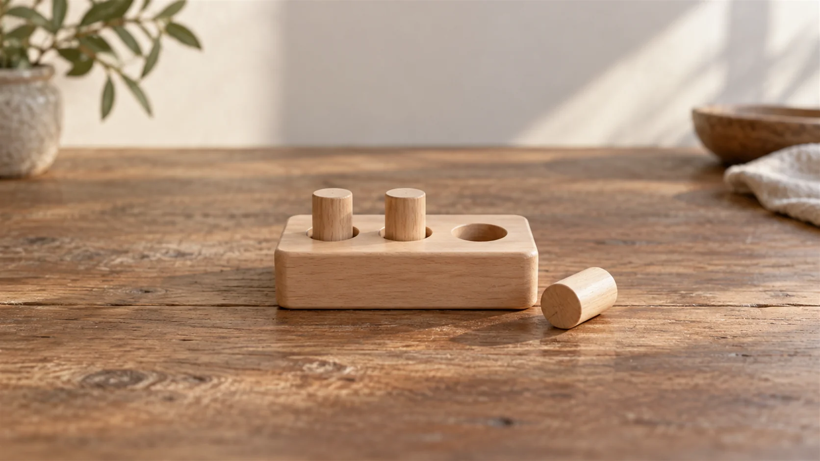 Small wooden pegs beside matching holes in a compact wooden board with one peg set apart.