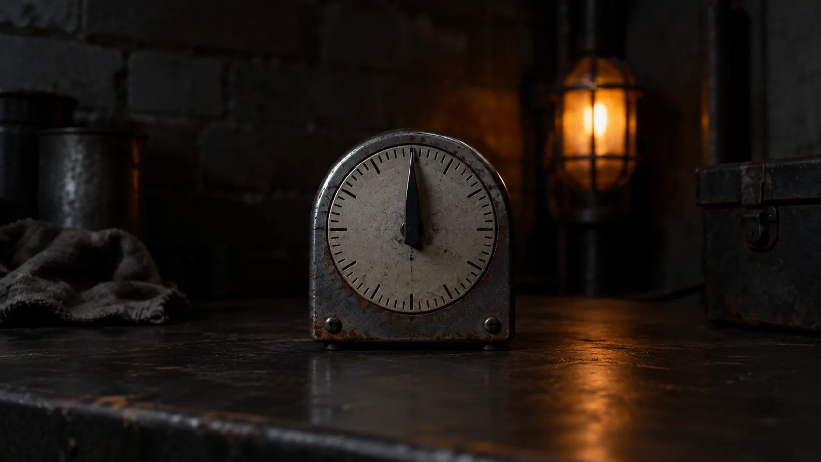 A mechanical timer with a plain unmarked dial on a dark workshop bench