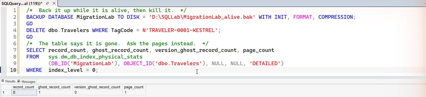 SSMS result grid after the delete: record_count 0, ghost_record_count 1, version_ghost_record_count 0, page_count 1.