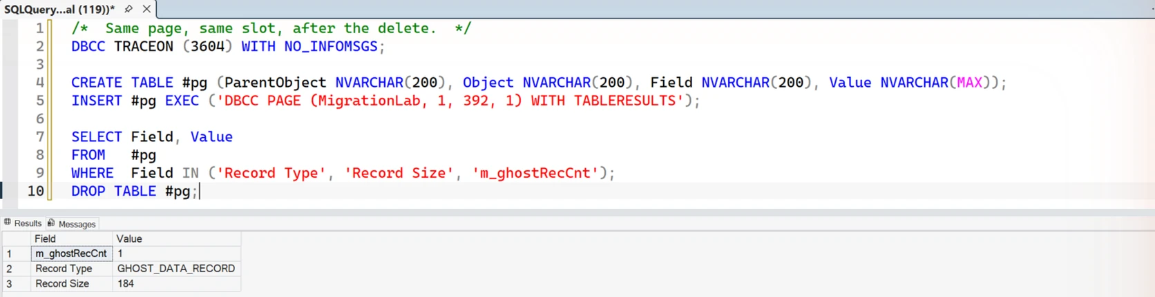 SSMS showing the same page after the delete: m_ghostRecCnt 1, Record Type GHOST_DATA_RECORD, Record Size still 184.