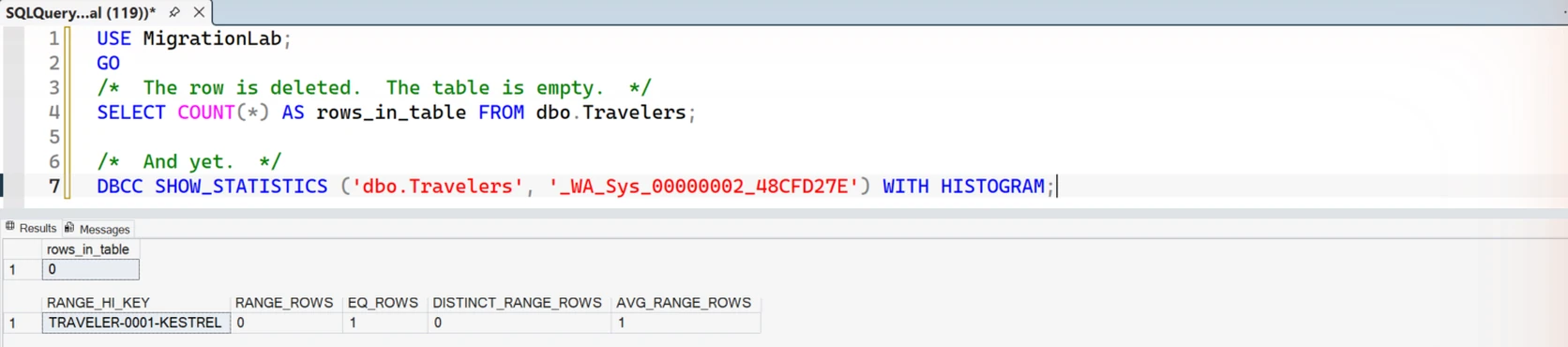 SSMS showing rows_in_table 0, and directly below it a histogram whose RANGE_HI_KEY is TRAVELER-0001-KESTREL with EQ_ROWS 1.