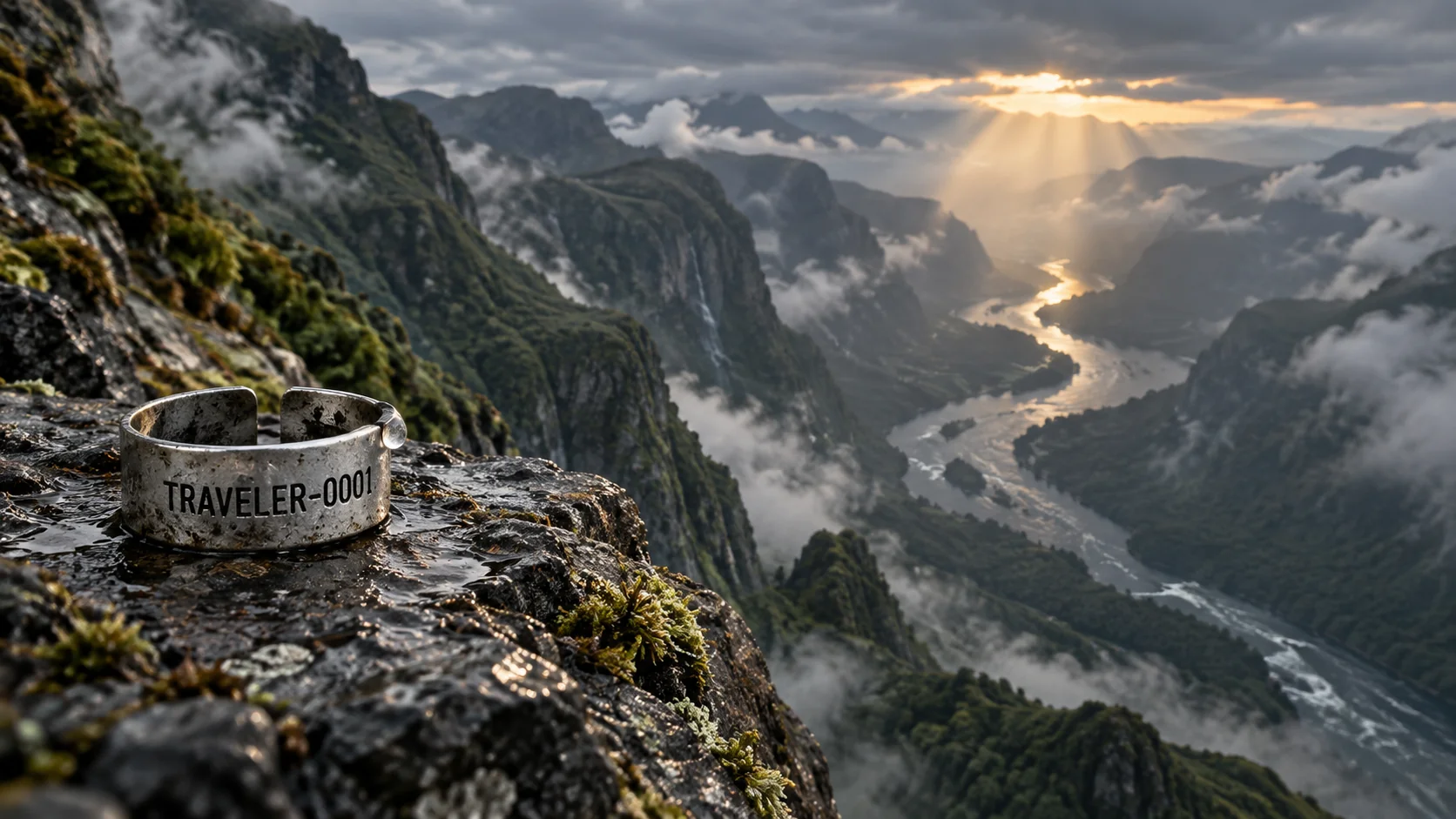 A weathered bird band stamped TRAVELER-0001 rests on a wet rock above a vast mist-filled river gorge, with dawn sunlight illuminating the winding river below.