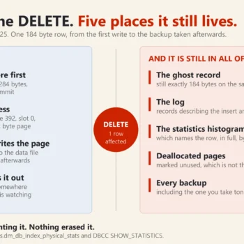 Diagram titled One row, one DELETE, five places it still lives. The left panel lists the row alive: a 284 byte log record before the commit, an address at 1 colon 392 colon 0, a checkpoint writing the page, and a backup copying it out. The right panel lists what remains after the delete: the ghost record still 184 bytes, log records, the statistics histogram that names the row, deallocated pages, and every backup.