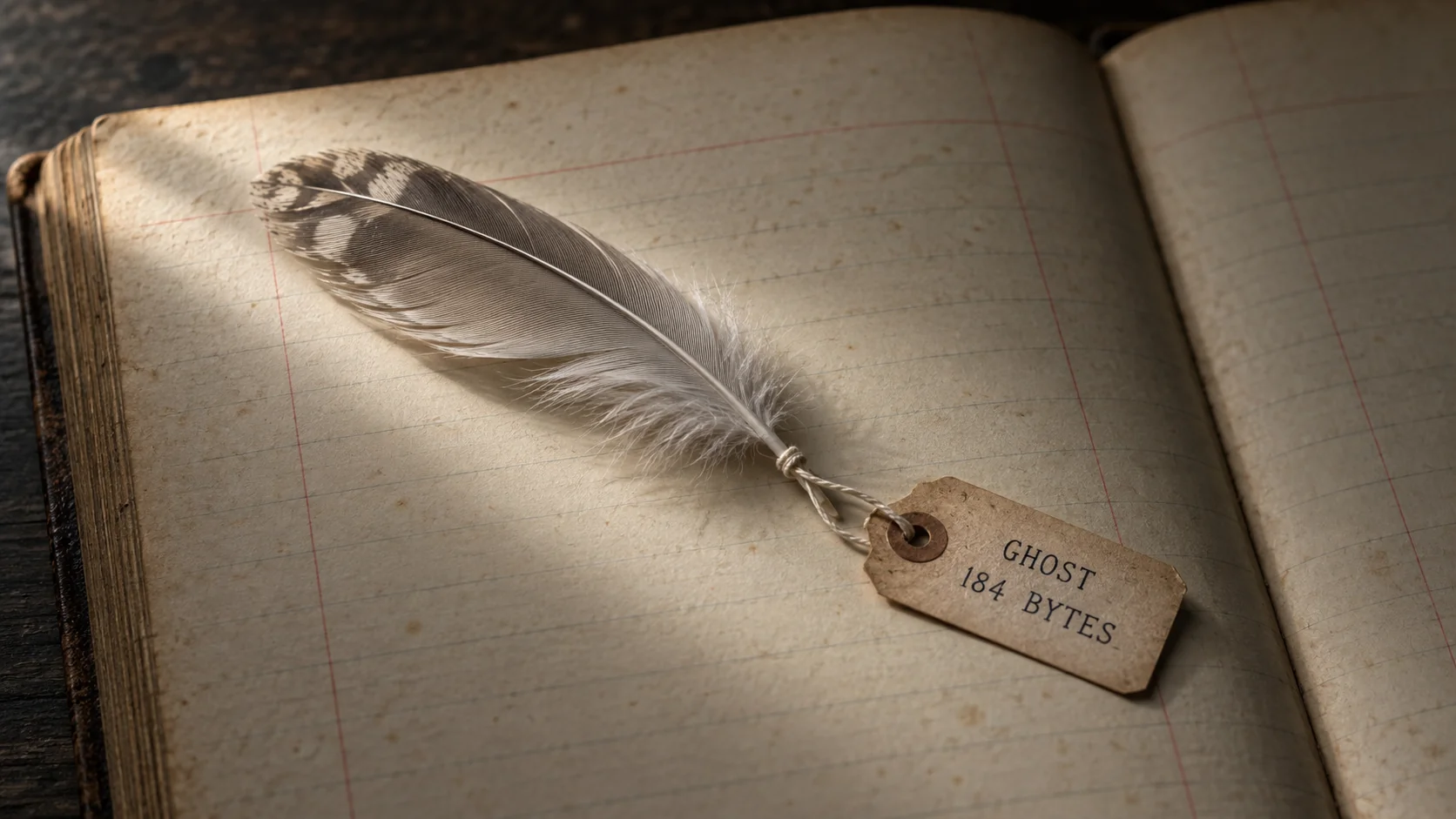Photograph of a single feather lying on an old ledger page with a museum specimen tag tied to it, hand lettered GHOST and 184 BYTES.