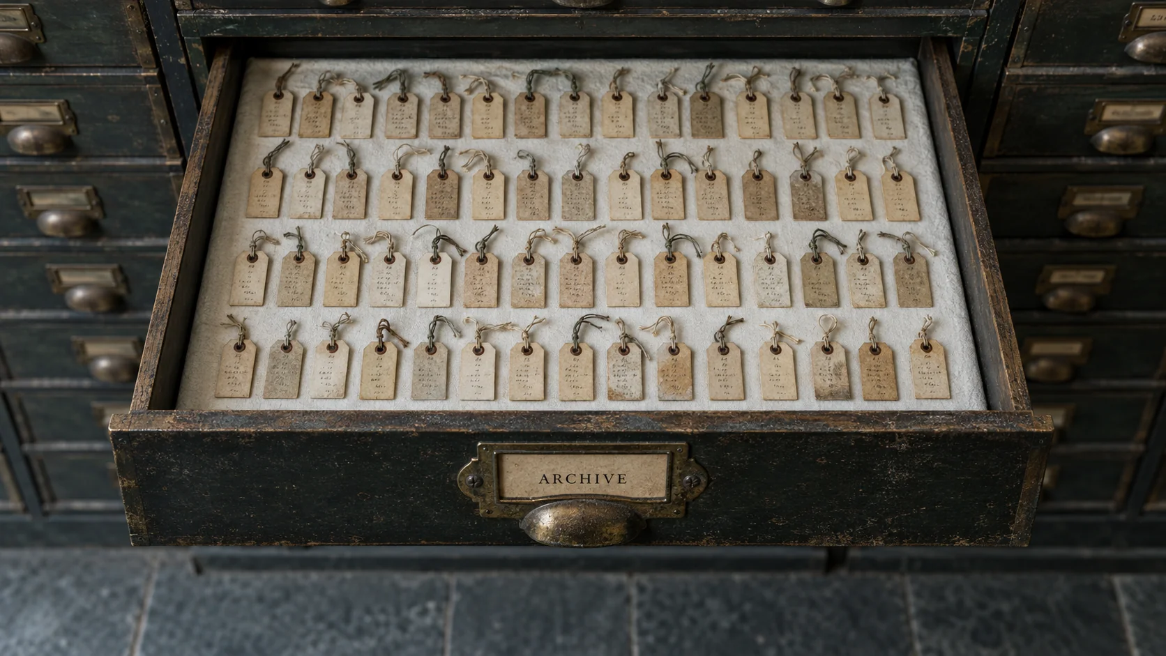 Overhead photograph of an open museum collection drawer holding rows of small numbered specimen tags, its brass card holder labelled ARCHIVE.