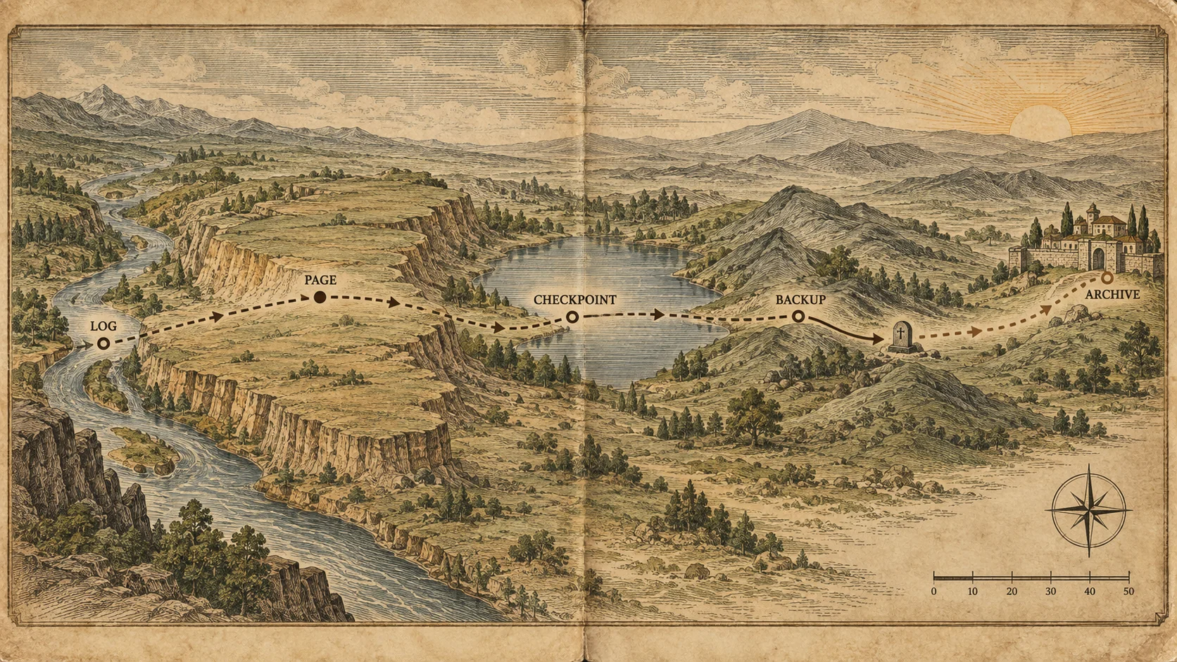 Engraved migration chart with a dotted route crossing a river, a plateau, a lake, hills and a walled enclosure, the stages marked LOG, PAGE, CHECKPOINT, BACKUP and ARCHIVE.
