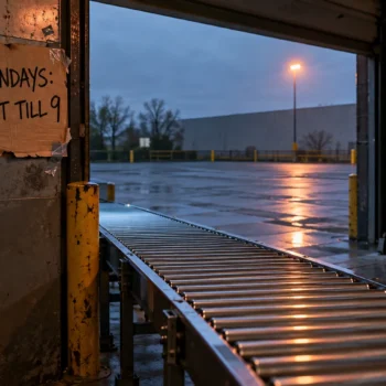 An empty warehouse receiving dock at dawn with a new conveyor running to an open door, and a hand-lettered cardboard sign taped to the frame reading MONDAYS: WAIT TILL 9