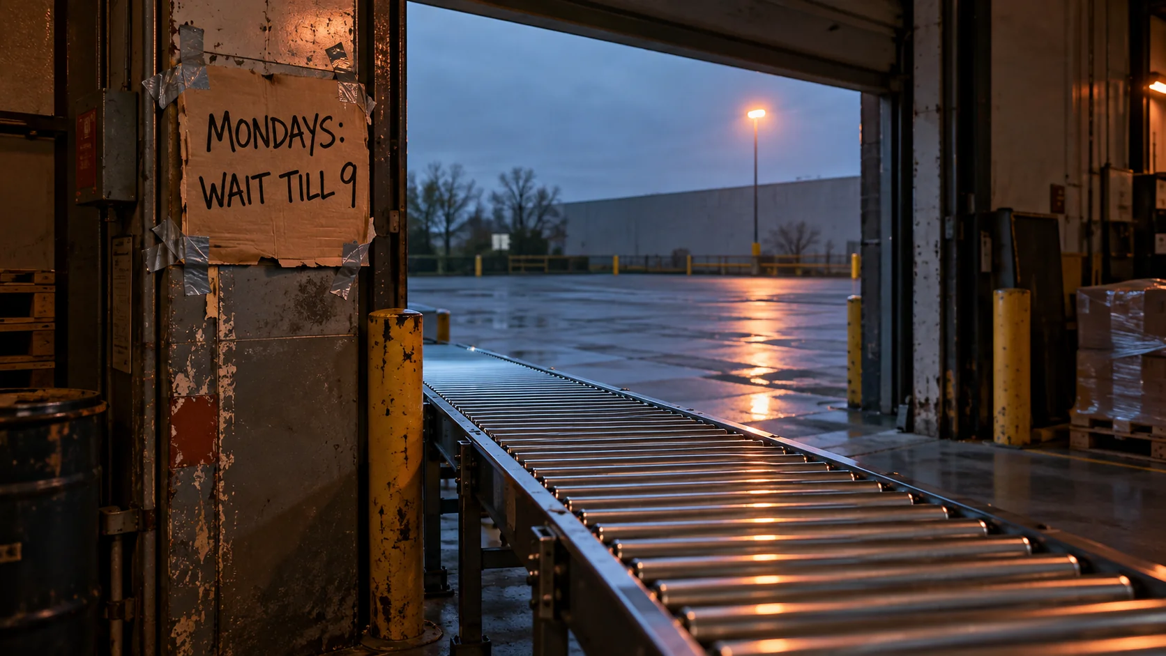 An empty warehouse receiving dock at dawn with a new conveyor running to an open door, and a hand-lettered cardboard sign taped to the frame reading MONDAYS: WAIT TILL 9