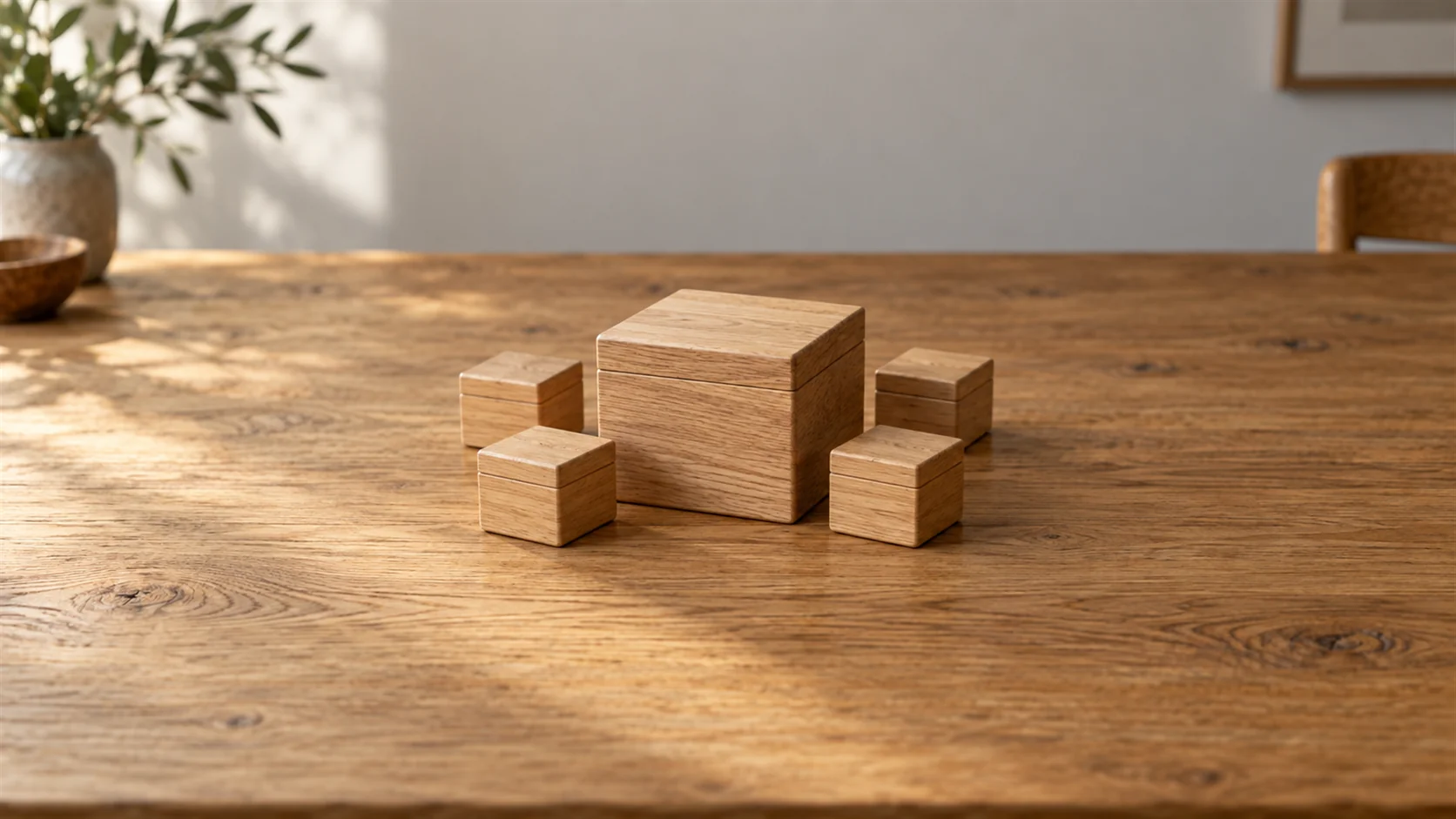 Four small wooden blocks sit around one larger central block on an oak tabletop.