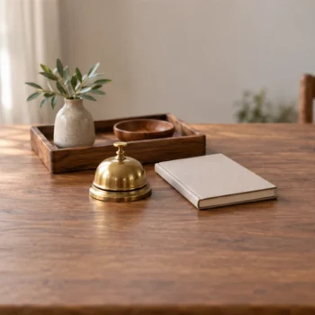 A small plain brass desk bell beside a closed notebook and a wooden tray in soft daylight.