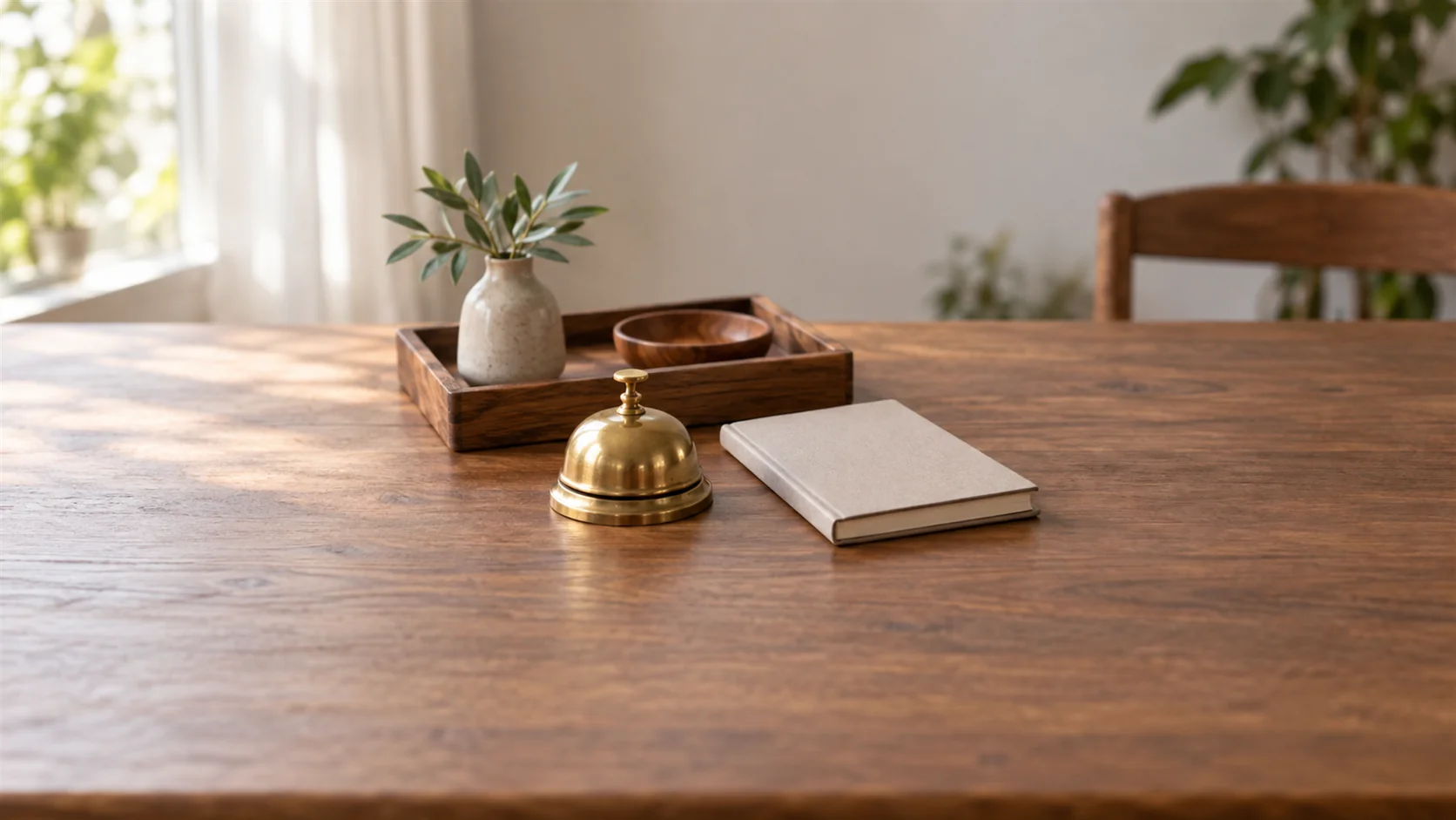 A small plain brass desk bell beside a closed notebook and a wooden tray in soft daylight.