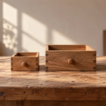 A small wooden drawer rests beside a larger matching drawer in a sunlit workshop.