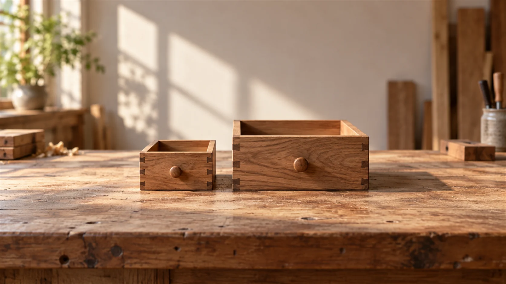 A small wooden drawer rests beside a larger matching drawer in a sunlit workshop.