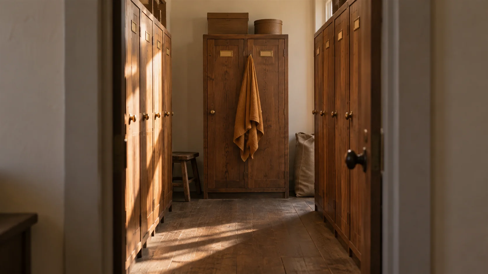 A corridor of wooden gym lockers with small brass number plates, receding into soft light.